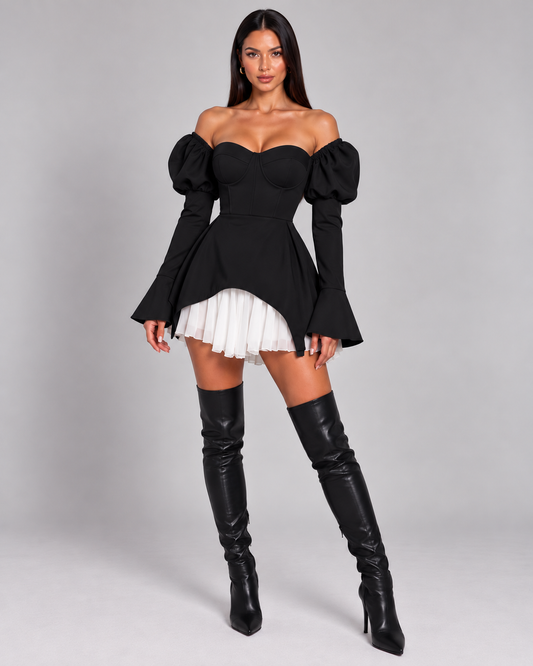 Korsetna Mini Haljina sa Puf Ramenima | FEMME
